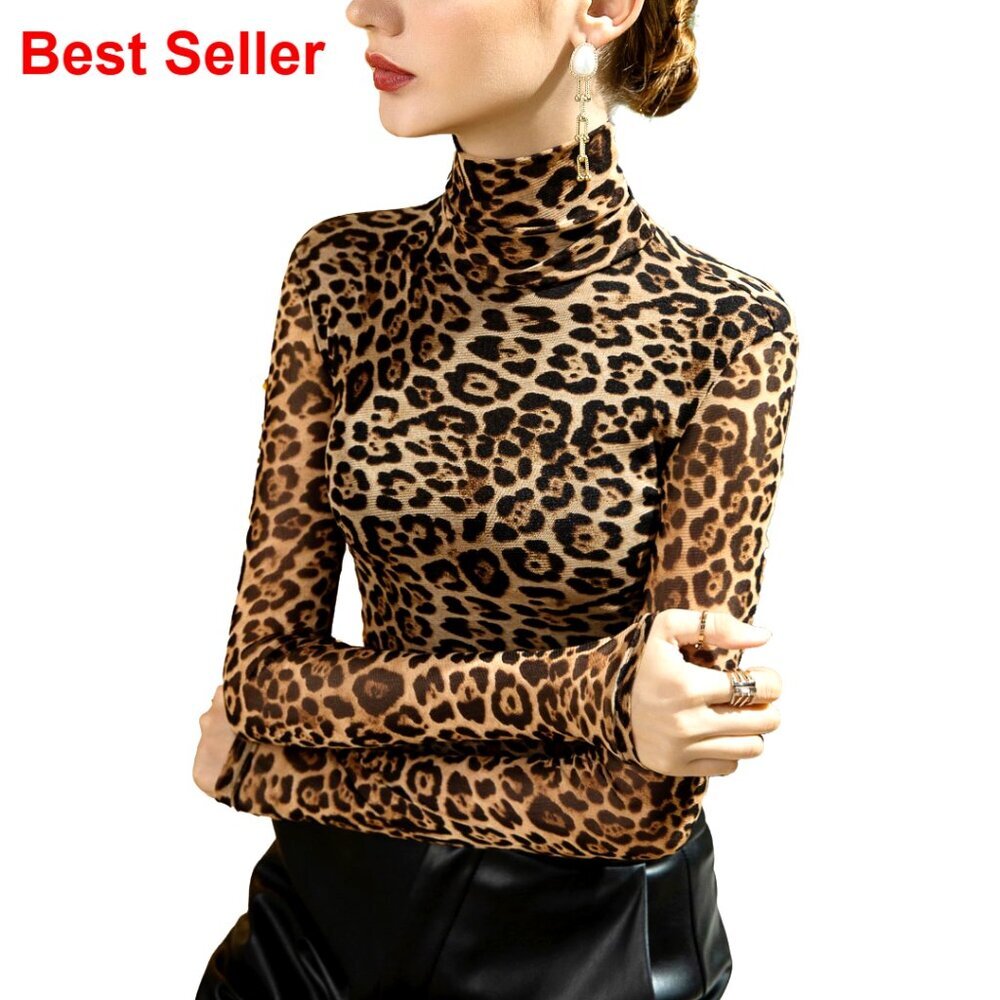 Women's Long Sleeve High Neck Leopard Print Top, Soft Fitted Baselayer